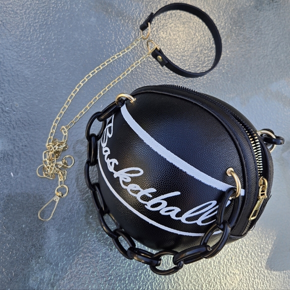 Basketball Shape Mini Handbags Tote, Black, PU Leather Shoulder Cross Body Bag - Picture 3 of 8